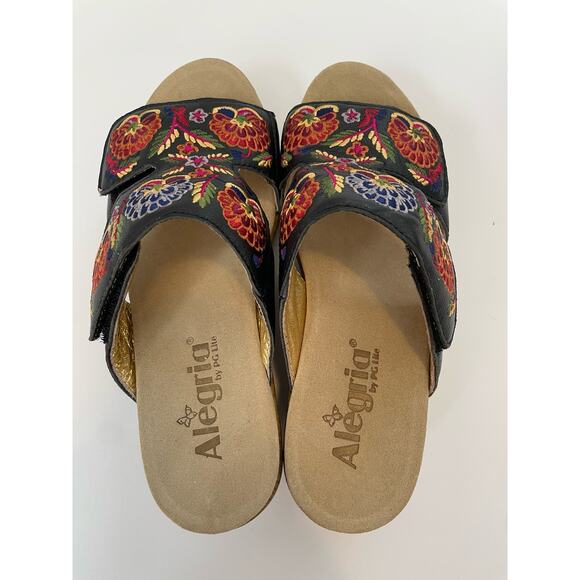 Alegria Size 36 (Approx US 6-6.5) Floral Embroidered Black Sandals Heels Wooden - Picture 3 of 9